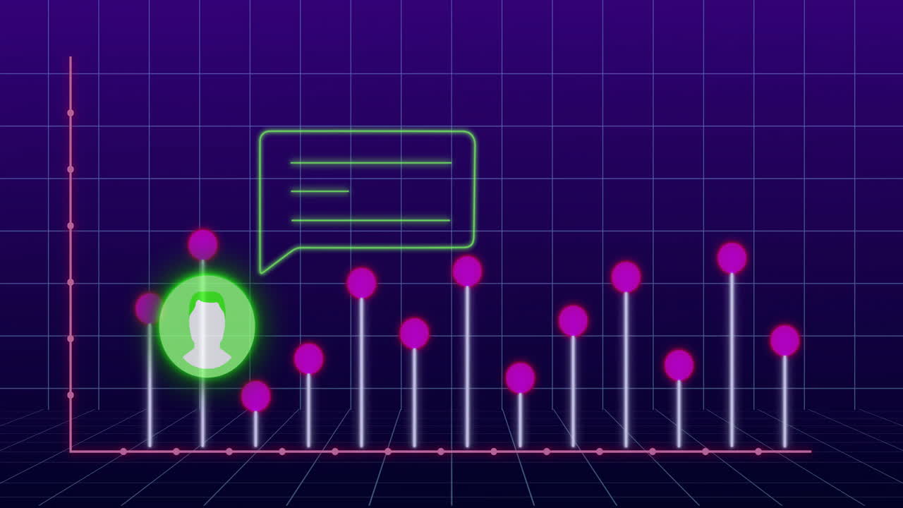 Neon grid showing pink data points rising while green avatar floating under speech bubble