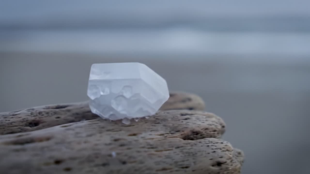 A Beautifully Carved White Crystal Glimmering on Natural Stones by the Water’s Edge, Capturing the Serenity of Nature's Artistic Creations