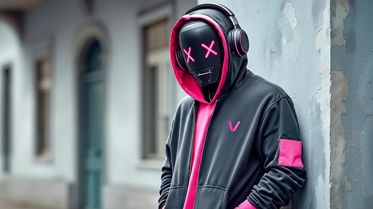 A man wearing a black and pink hoodie and headphones