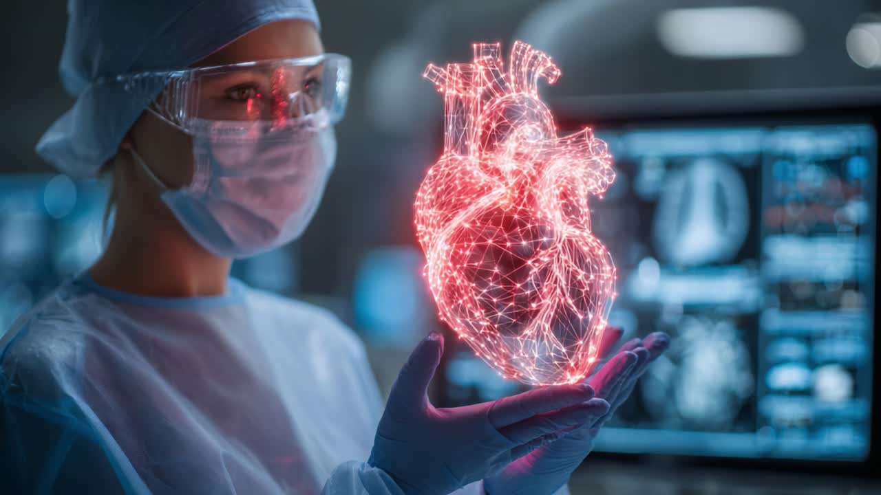 A medical professional marvels at a holographic representation of a human heart, blending technology and healthcare advancements in a modern surgical environment
