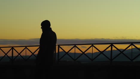 silhouet van een nerveuze boze man die aan de telefoon praat bij zonsondergang op een balkon