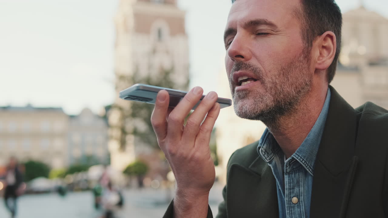 Uomo che utilizza la registrazione vocale sul cellulare in città