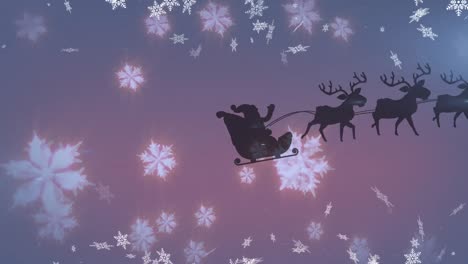 Animation-of-santa-claus-in-sleigh-with-reindeer-moving-over-falling-snow