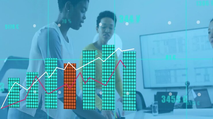 Animation of financial data processing over diverse colleagues discussing work in office