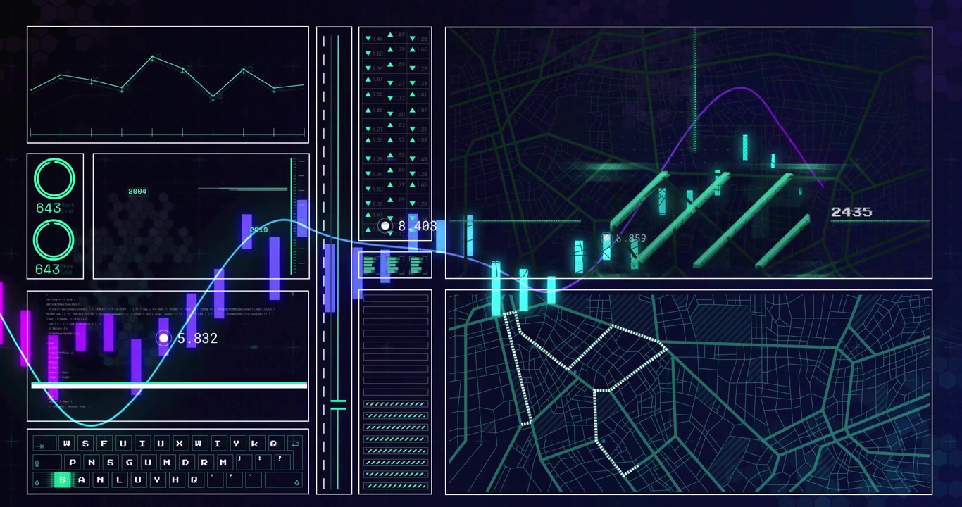 Line oscillating over purple-teal bars initiating dashboard updating charts gauges map markers