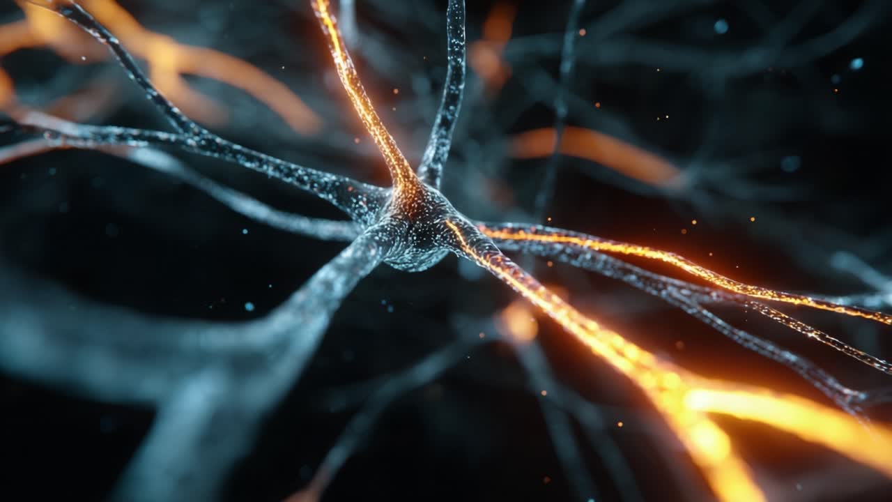 Neural network with glowing electrical impulses firing across neurons and synapses, visualizing brain activity, AI communication, information transmission, learning and memory processes