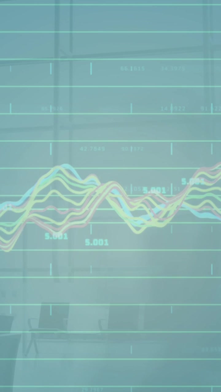 Animation of multicolored multiple graphs over time-lapse of people walking in office