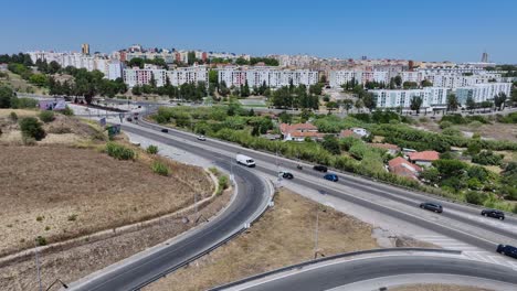 drone shot flying over the highway ramp