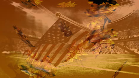 animation of leaves over flag of usa and stadium