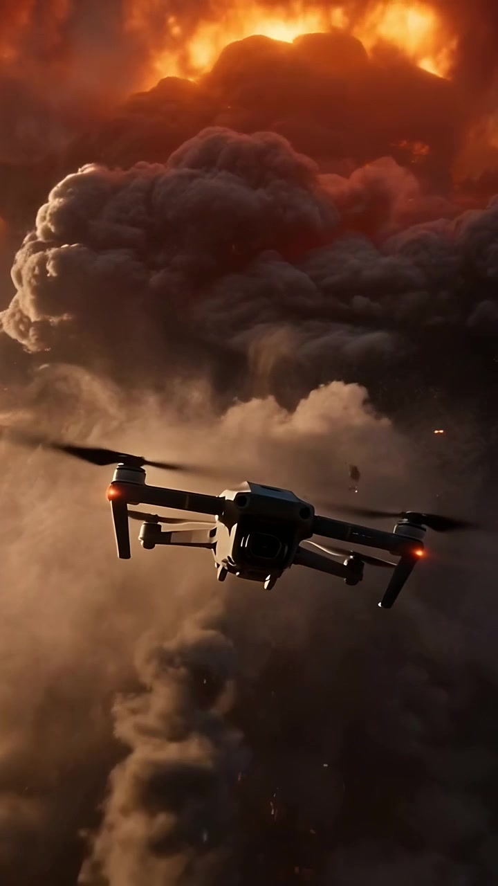 Video vertikal: Menyalakan kepulan asap knalpot, drone quadcopter terbang menembus kolom abu, lampu berkedip.