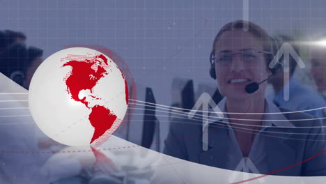 animation of globe and data processing over diverse business people using phone headsets