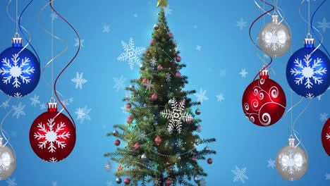 Animation-of-snow-falling-over-christmas-baubles-and-christmas-tree-on-blue-background