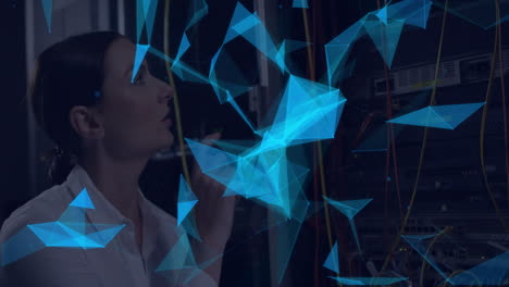 woman working with network servers, surrounded by blue geometric animation