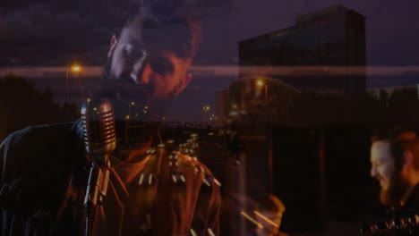 lead singer and bandmates performing in music scene, blending vintage microphone and city lights