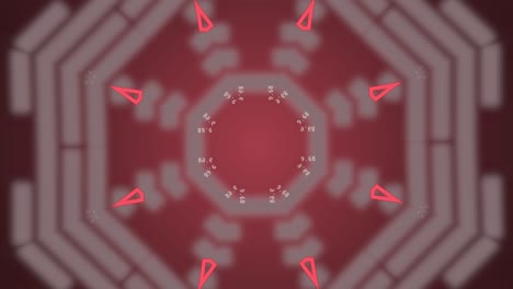 hud digital red background with market data over moving kaleidoscopic pattern.