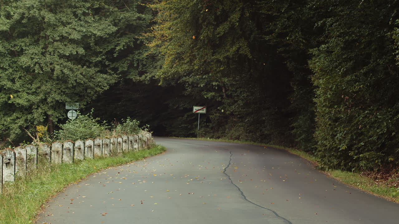 체코 코코린의 하라소프 호수 옆 빈 도로에 낙엽이 떨어지고 있다