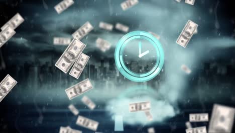 animation of moving clock and dollar bills falling over cityscape