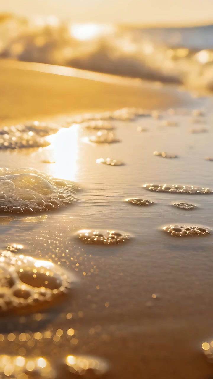 Video verticale: Acqua bassa e spumosa che si muove formando bolle sulla sabbia bagnata a riva, mossa dalla marea.