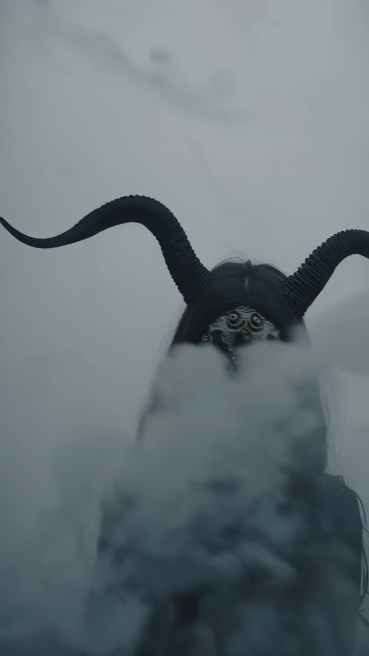 Person in Skull Mask with Horns in a Mysterious Setting