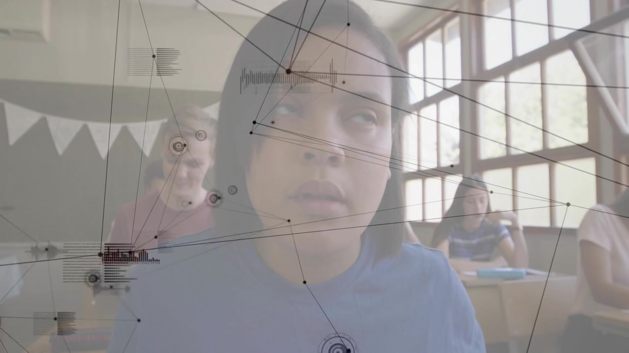 Student tapping pencil and writing notes with network overlay highlighting focus in class