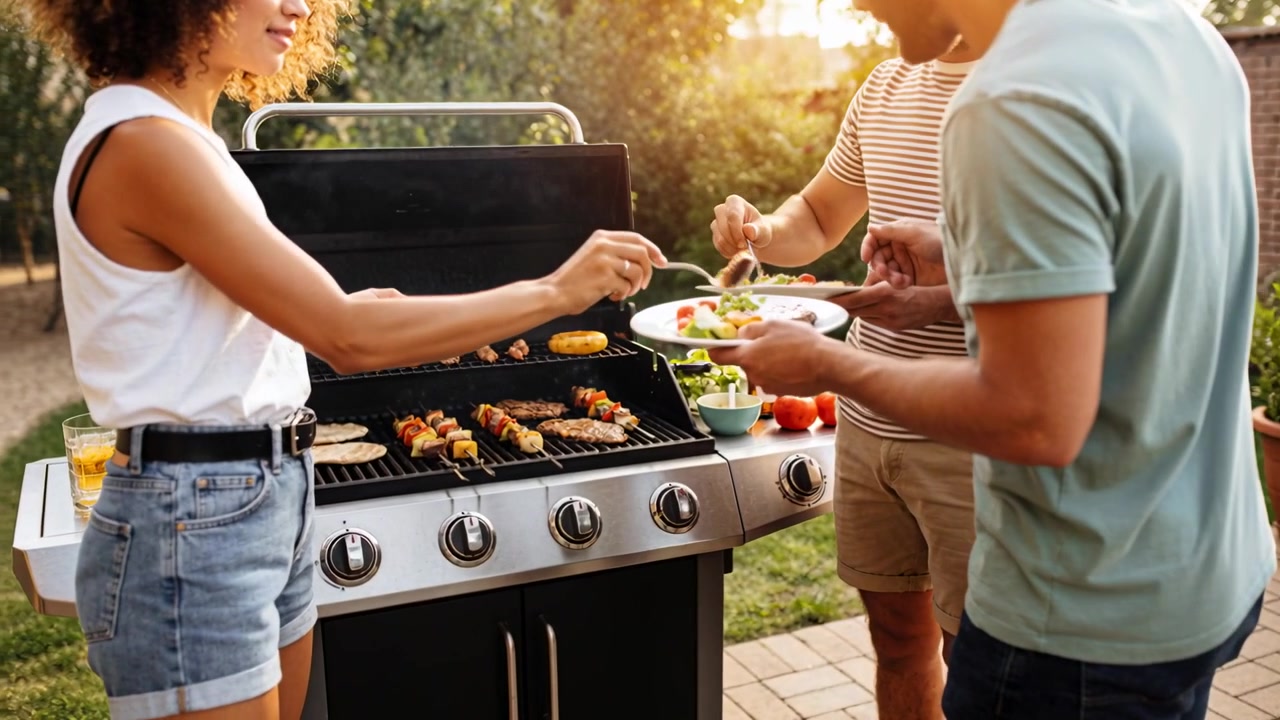 Kvinde i denimshorts serverer og anretter ved grillen på en baggårdsterrasse, mens mænd rækker ud for at spise