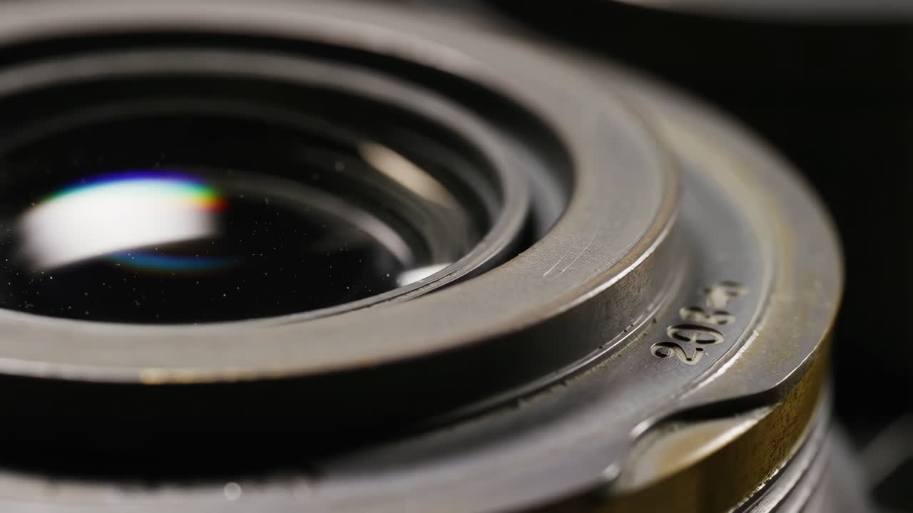 Close-up View of a Camera Lens with Reflections