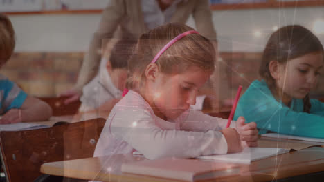 Animation-Eines-Netzwerks-Von-Verbindungen-über-Zwei-Kaukasischen-Mädchen,-Die-In-Der-Schule-Im-Unterricht-Lernen