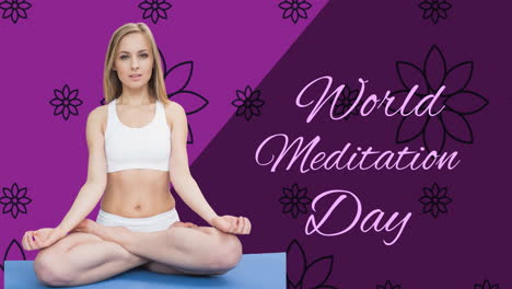 animación del texto del día mundial de la meditación con una mujer caucásica meditando sobre un fondo púrpura