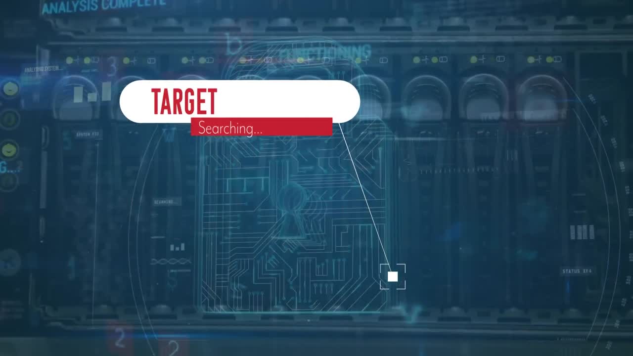 animación del texto objetivo sobre el candado y la sala del servidor.