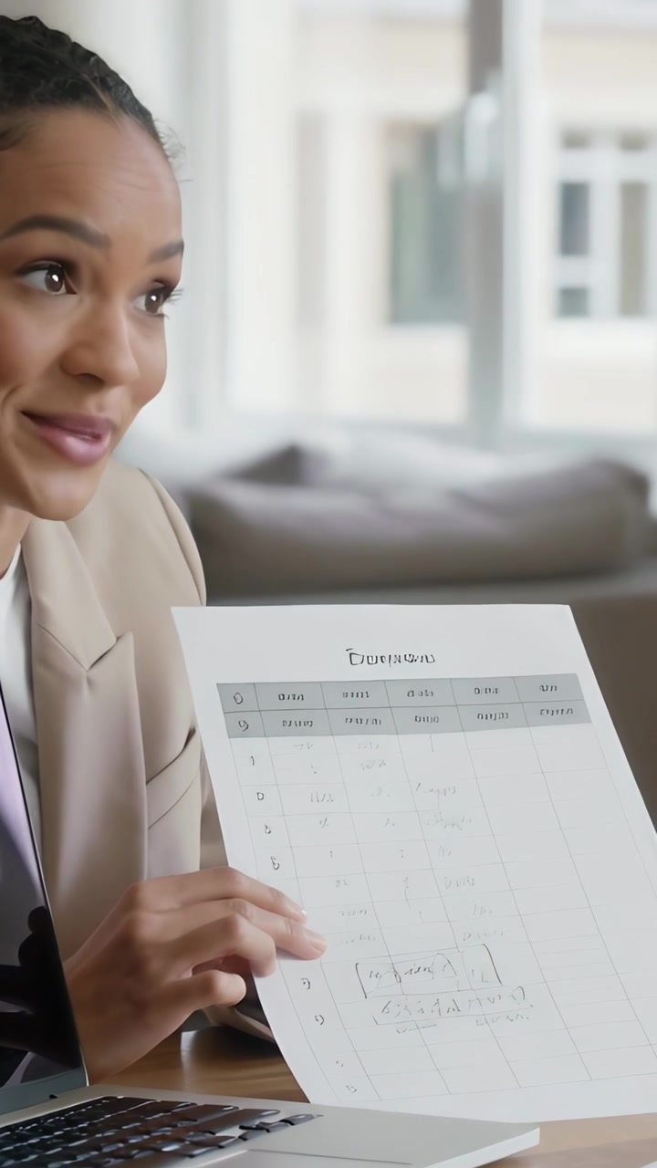 Vertical video: Speaking woman in beige blazer offering chart at wood table with laptop, copy space