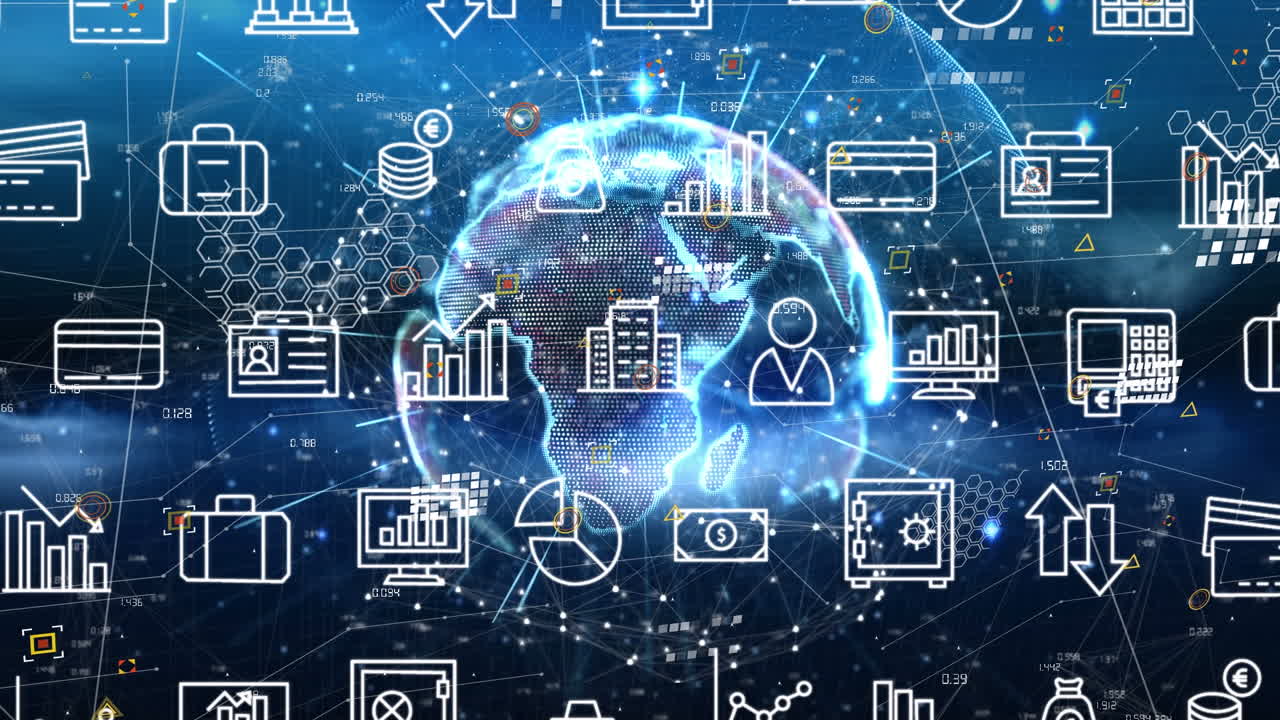 Animation of financial icons moving over globe with connections on navy background