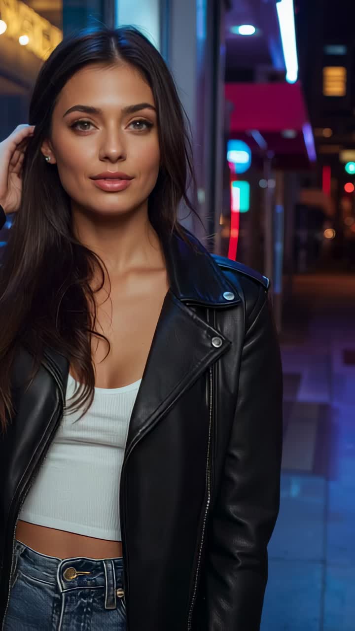Vídeo vertical: modelo com jaqueta aproximando a câmera, prendendo o cabelo e olhando para um retrato em uma rua noturna