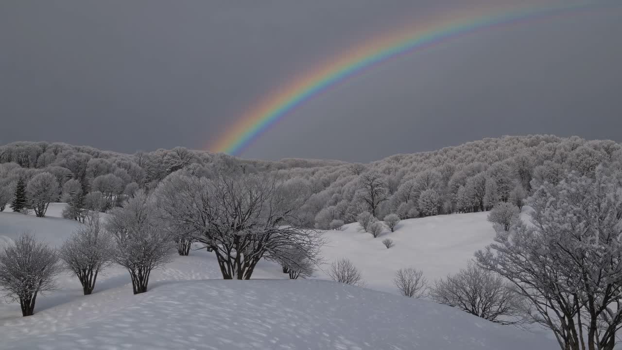 A serene winter landscape with a rainbow arches over snow-covered trees