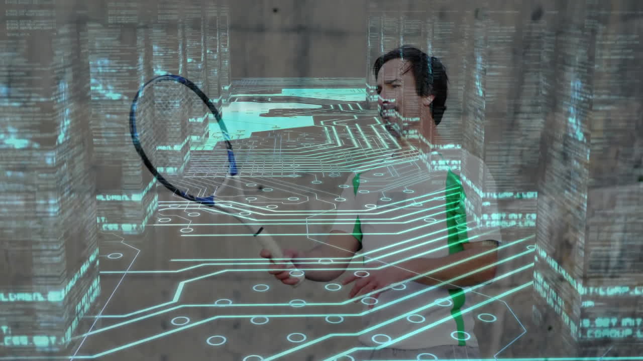 Man holding tennis racket, training in virtual tech space, with neon streaming code lines