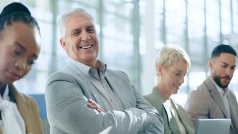 face, businessman and people in waiting room