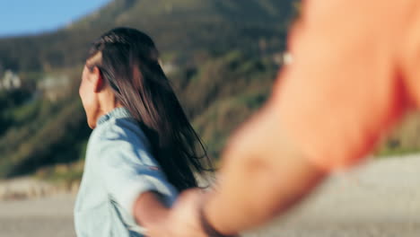 Beach,-holding-hands-and-POV-couple-running