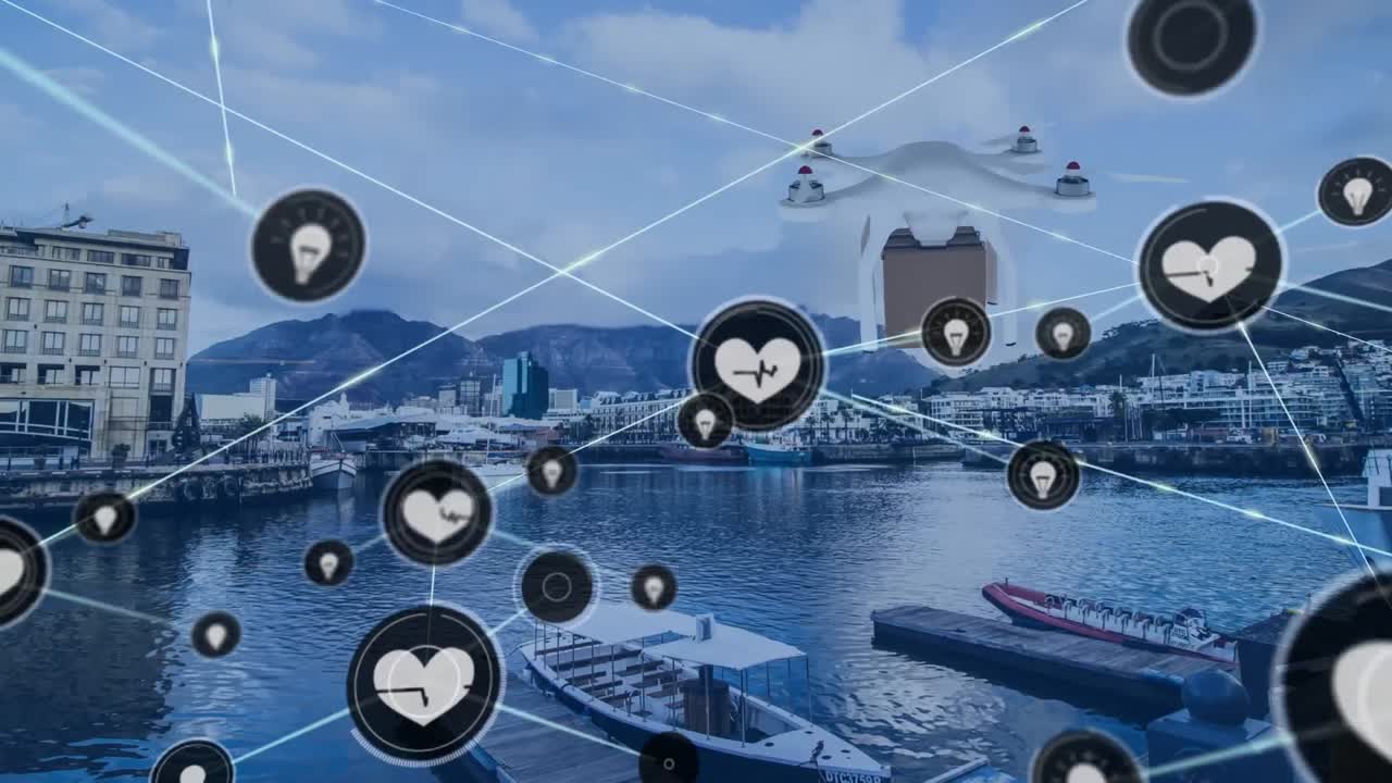 패키지를 운반하는 드론을 통해 아이콘으로 연결된 네트워크의 애니메이션