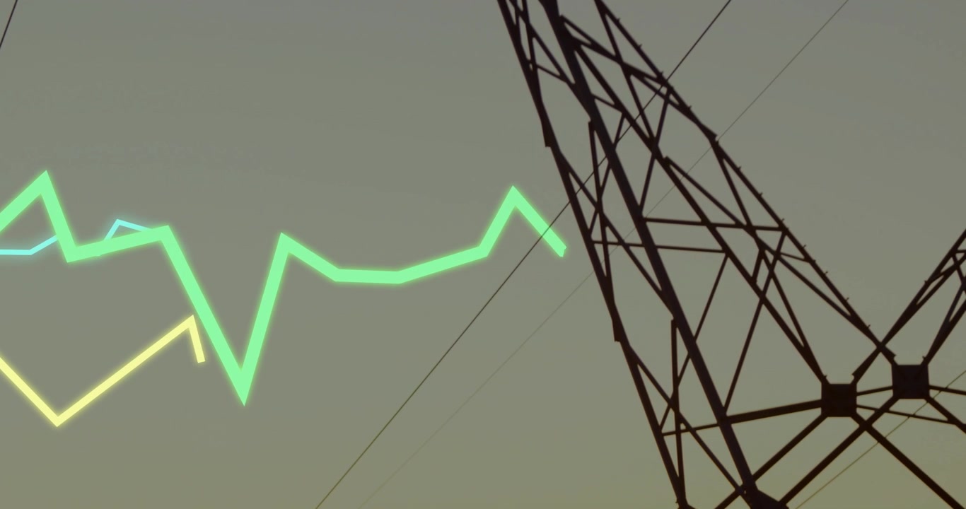 Neon traces entering from left, camera panning right, pylon shifting center, showing power flow