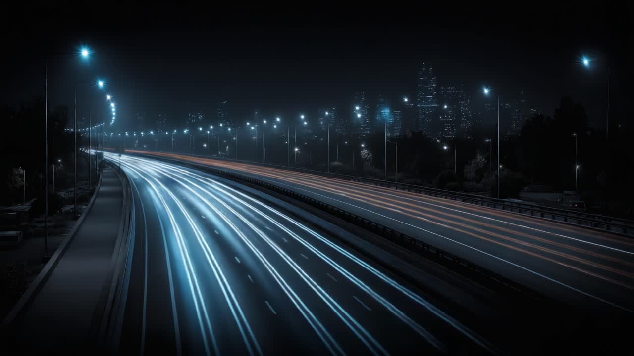 A mesmerizing nighttime view of a bustling highway, illuminated by vibrant streaks of car headlights and taillights against the backdrop of a city skyline