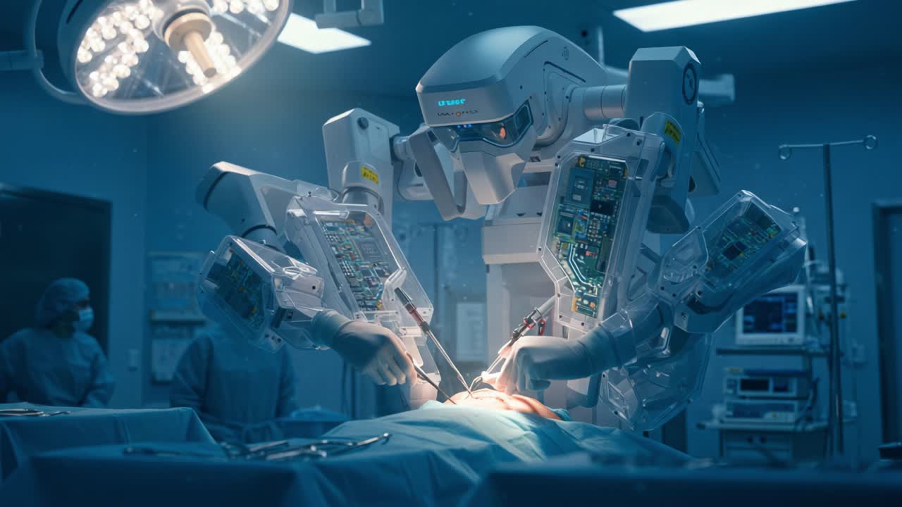 Advanced Surgical Robot Performing a Complex Operation in a Modern Operating Room, Showcasing Precision and Technology in Healthcare Procedures