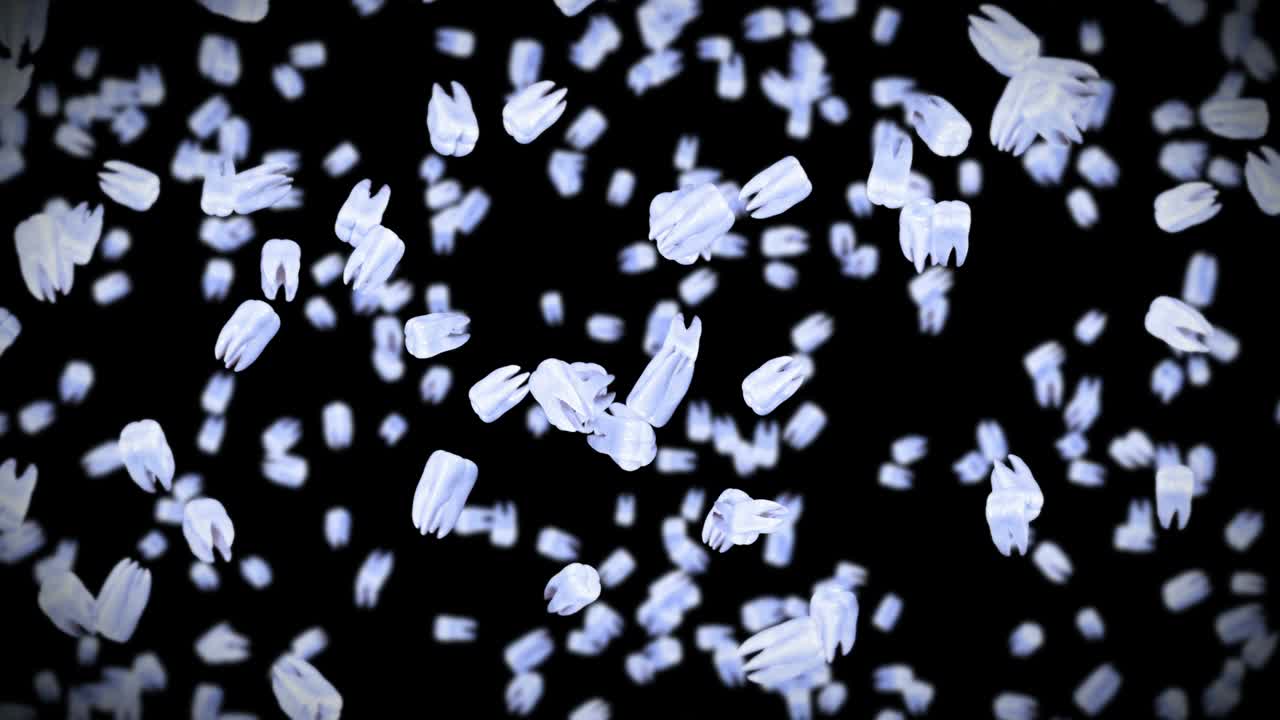 검은색 바탕에 많은  이빨을 날아다니며, 치과 관리 개념, 치아 회전의 3d 애니메이션, 루프 애니메이션.