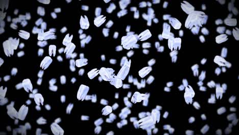 volando muchos dientes blancos sobre fondo negro. concepto de cuidado dental. animación 3d de la rotación de los dientes. animación de bucle.