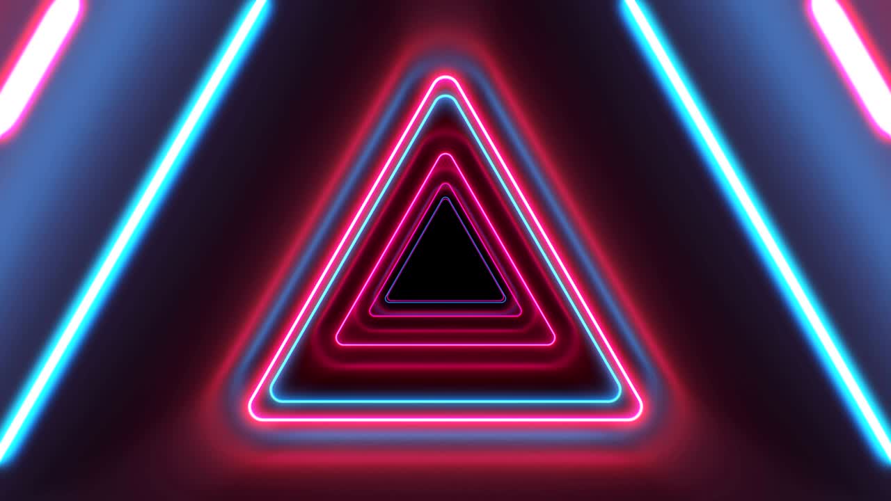 abstract hermoso túnel triangular con líneas de luz de neón moviéndose rápidamente. colores azules púrpuras. fondo túnel futurista brillante. concepto de arte de animación en bucle 3d.