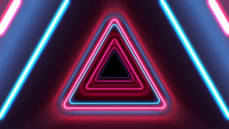 abstract hermoso túnel triangular con líneas de luz de neón moviéndose rápidamente. colores azules púrpuras. fondo túnel futurista brillante. concepto de arte de animación en bucle 3d.