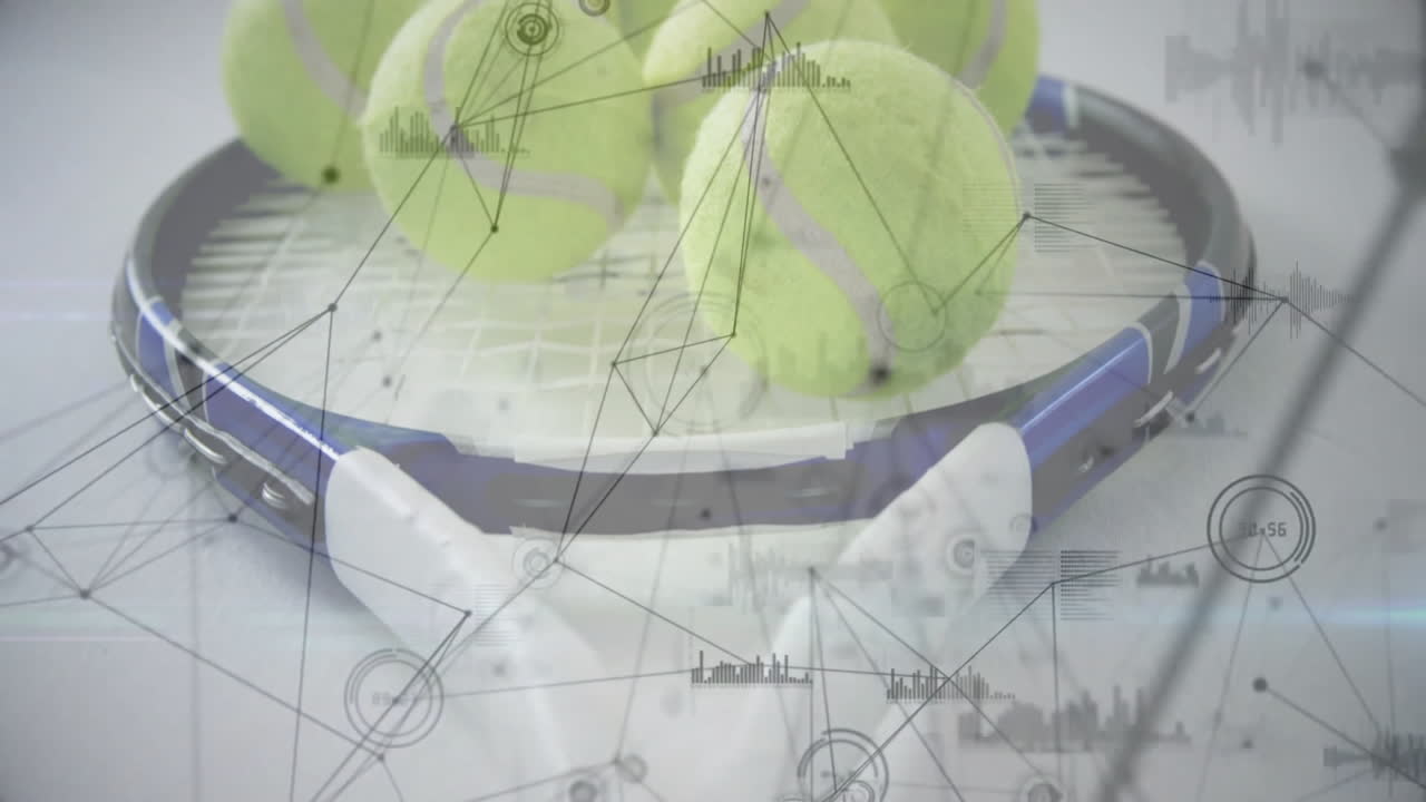Flat design tennis racket and balls generating digital network overlay, highlighting tech data