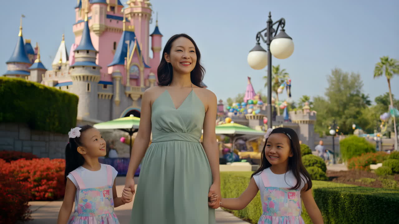 Mother and daughters at a theme park with a castle
