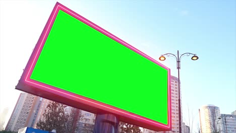 green screen billboard on urban, city life. blank advertisement panel, banner for marketing. chroma key empty sign.