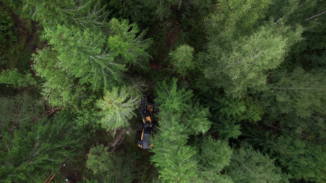 Aerial shot of Scandinavian finnish forest and forestry machine Ponsse Scorpion harvester filmed with DJI Air 2s