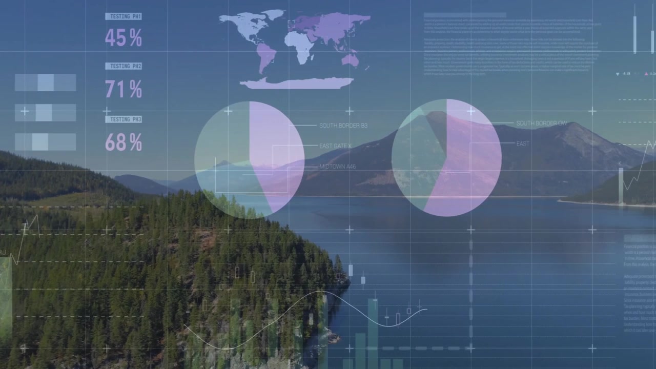 On table fading in forest peninsula with analytics overlays sliding updating charts showing trends