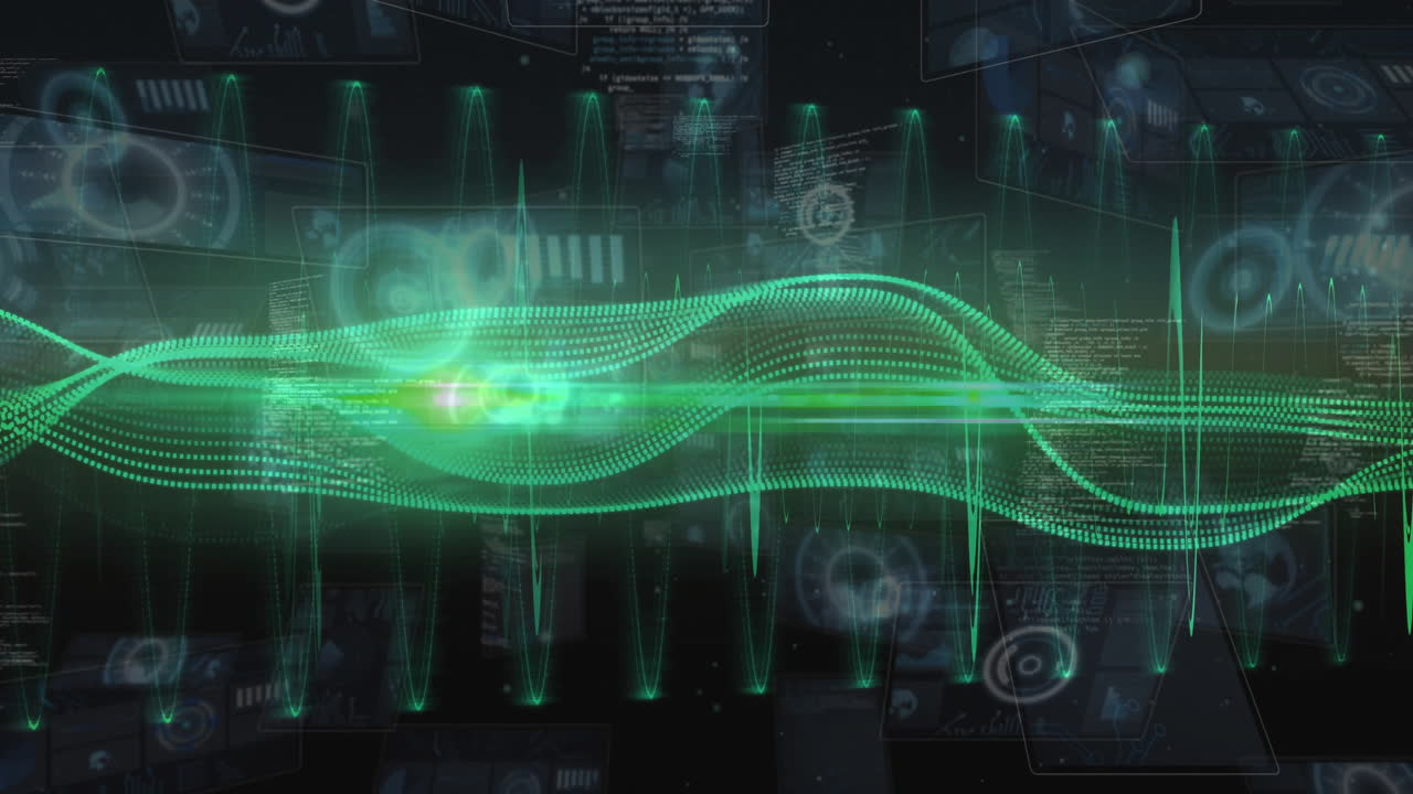 Green waveforms and digital data processing animation over futuristic interface